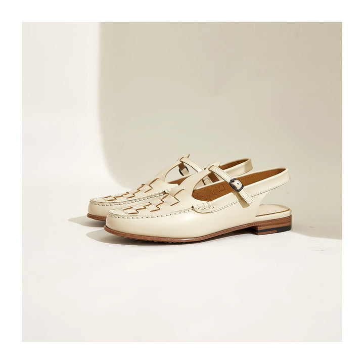 Ivory woven charm sandals, T-strap grid weave and metal buckle, low heel