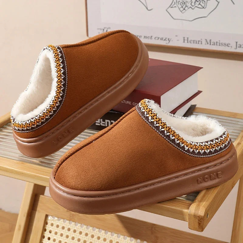 Brown fluffy platform slippers with white faux-fur lining and jeweled zigzag trim