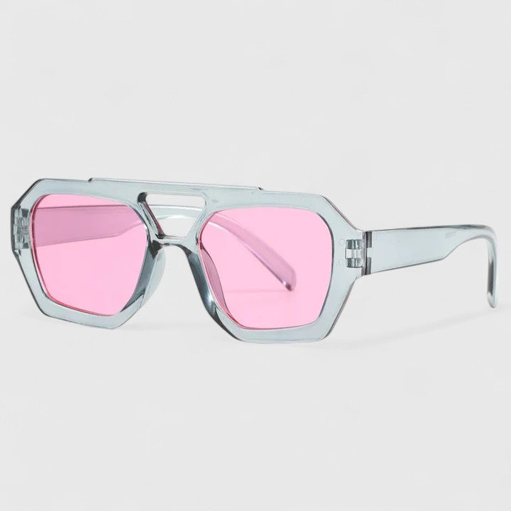 Clear light-blue sunglasses with pink lenses and silver bridge detail