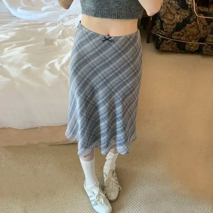 Plaid midi skirt in blue-gray checks, mid-calf length, elastic waistband