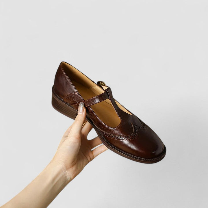 Orthopedic Mary Jane shoes, brown leather-look with strap and gold-tone buckle