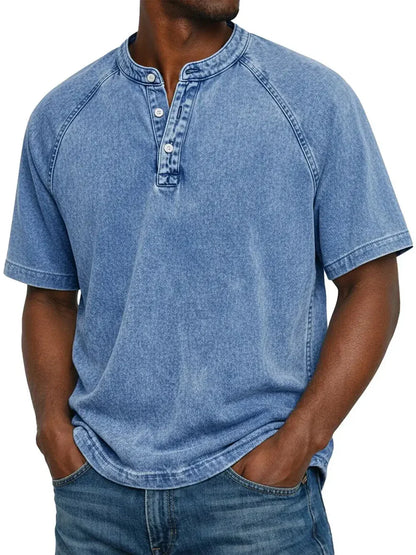 Men's blue henley T-shirt with button placket and short sleeves, close-up