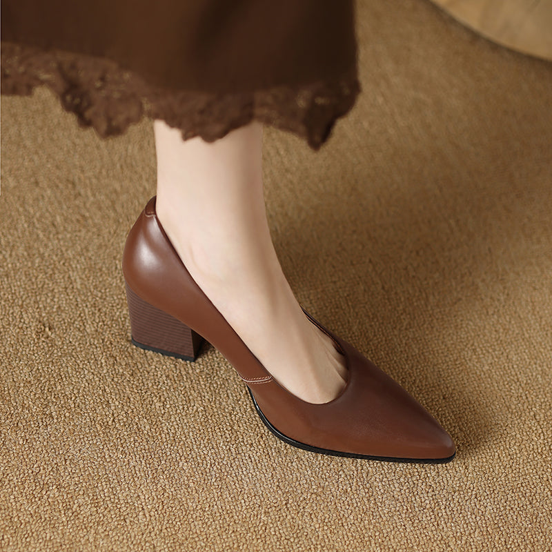 Brown leather pumps with almond toe and thick block heel