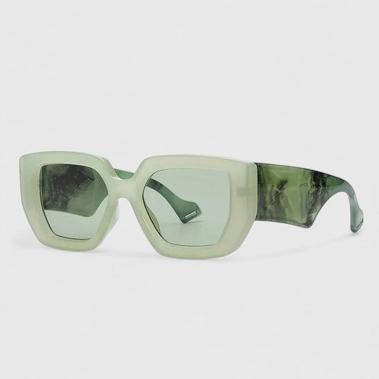 Green oversized square sunglasses with dark tinted lenses and curved temples