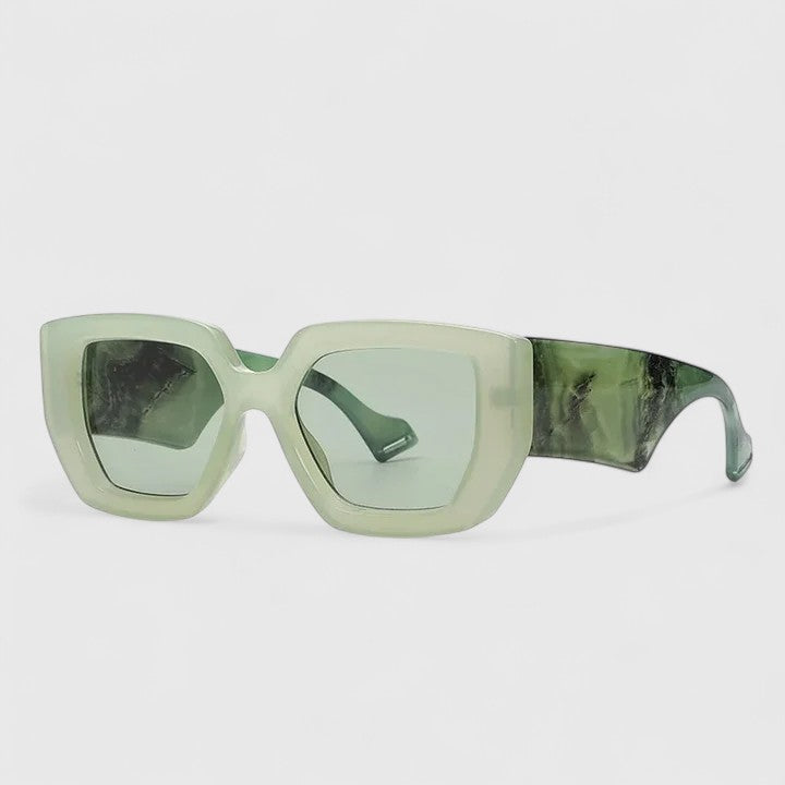 Green oversized square sunglasses with dark tinted lenses and curved temples