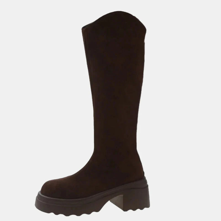 Brown tall boot with suede-look upper, low chunky block heel, rounded toe