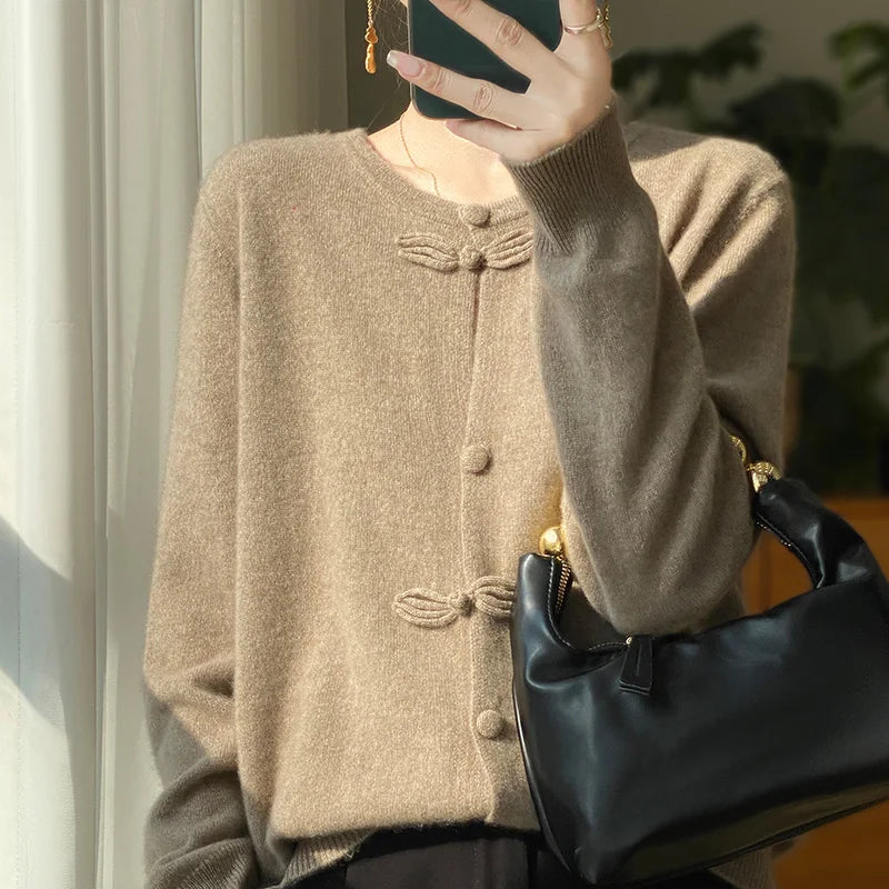Beige bow-front cardigan with button placket and bow details