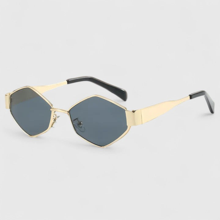 Gold-tone sunglasses with angular hexagon frame and gray-blue lenses