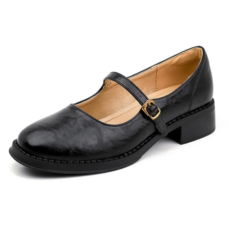Leather Mary Jane flats, black with T-strap and gold-tone buckle, rounded toe, block heel.
