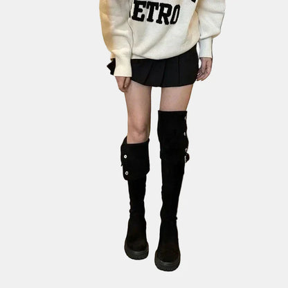 Black suede over-the-knee cowboy boots with side straps and chunky sole