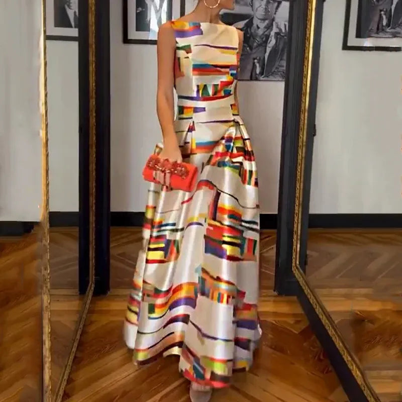 Full-length sleeveless evening dress with abstract multicolor stripe-block print and flared hem