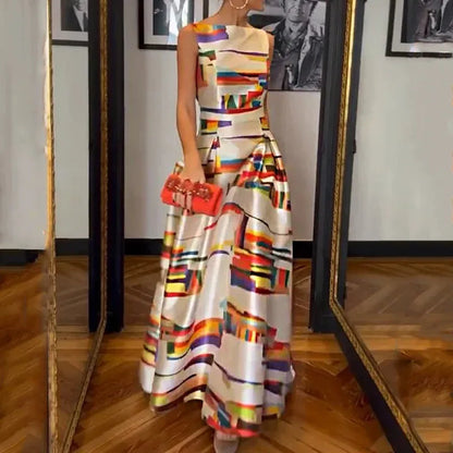 Full-length sleeveless evening dress with abstract multicolor stripe-block print and flared hem