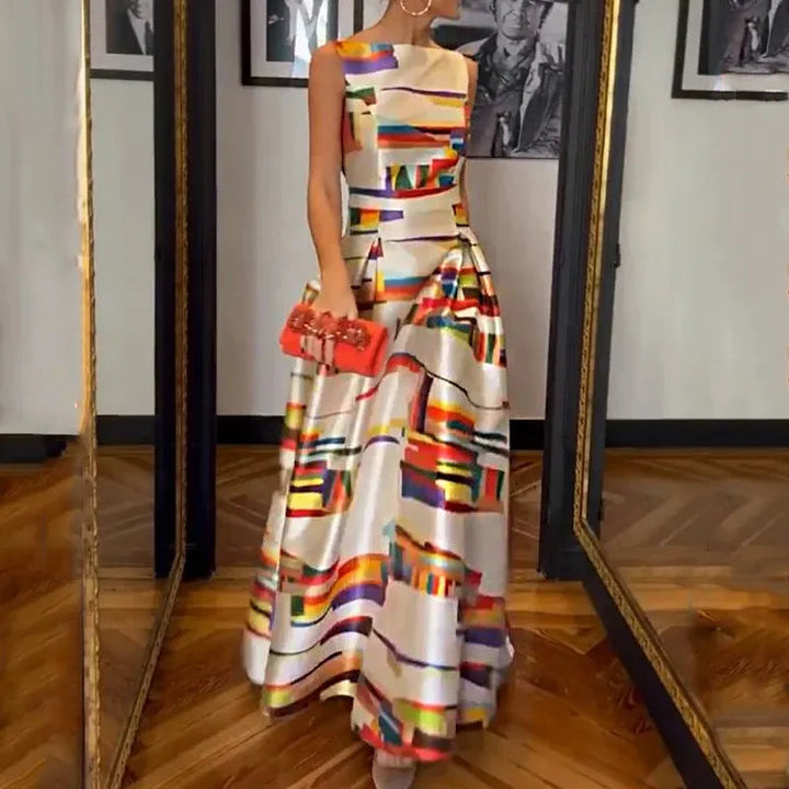 Full-length sleeveless evening dress with abstract multicolor stripe-block print and flared hem