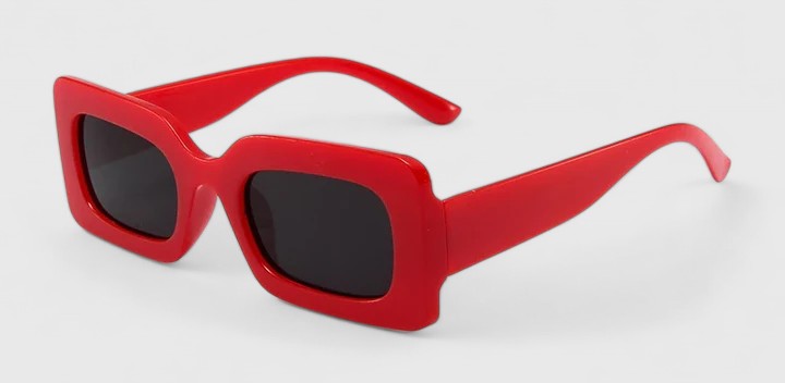 Red square sunglasses with dark lenses and thick, curved frames