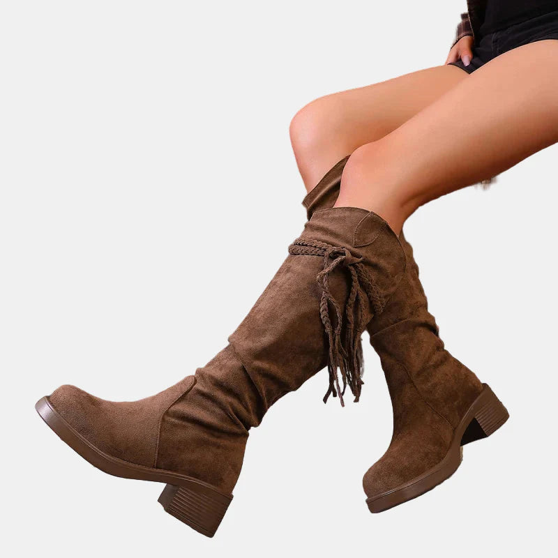 Brown suede mid-calf ankle boots with chunky heel and lace-up tassel detail