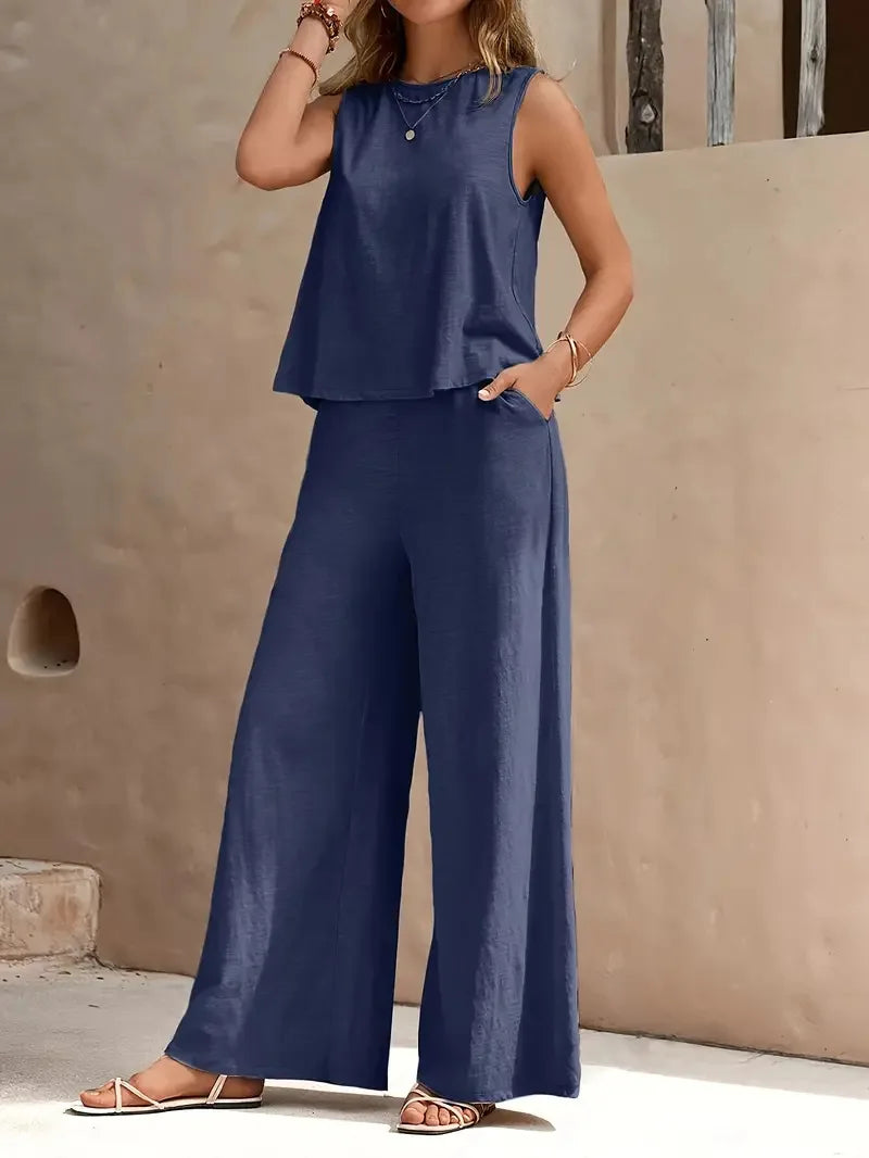 Blue sleeveless top and wide-leg pants two-piece set