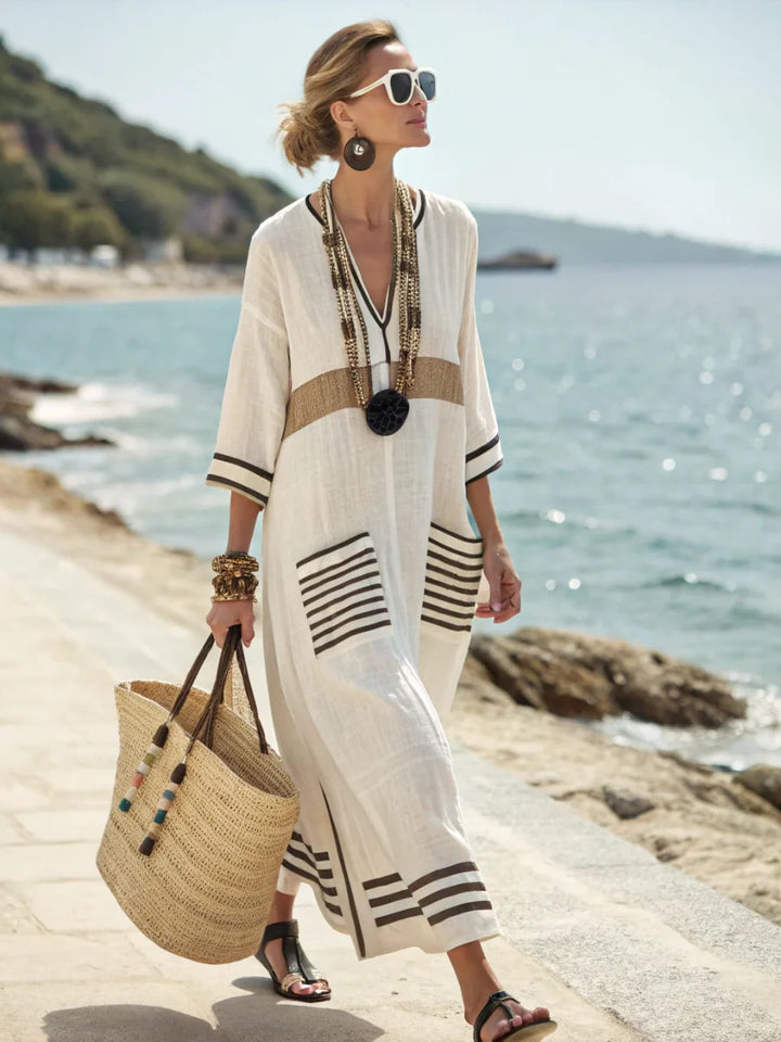 Cream maxi summer dress with V-neck and black striped side panels