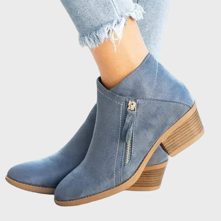 Maya orthopedic boots, blue ankle boots with side zipper and block heel