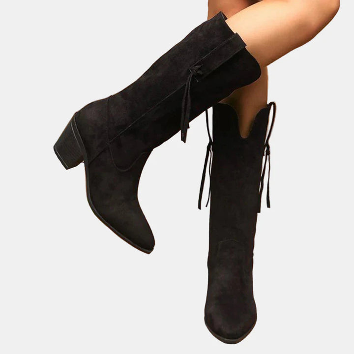 Black mid-calf faux suede boots with side tassel ties and block heel