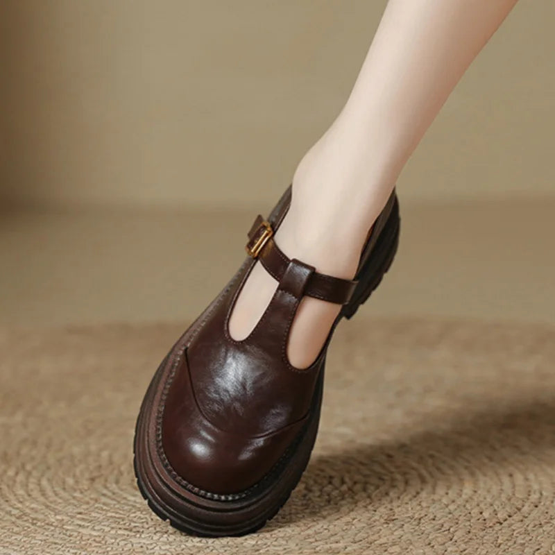 Brown T-bar shoes with cutout strap, gold buckle, and chunky platform sole
