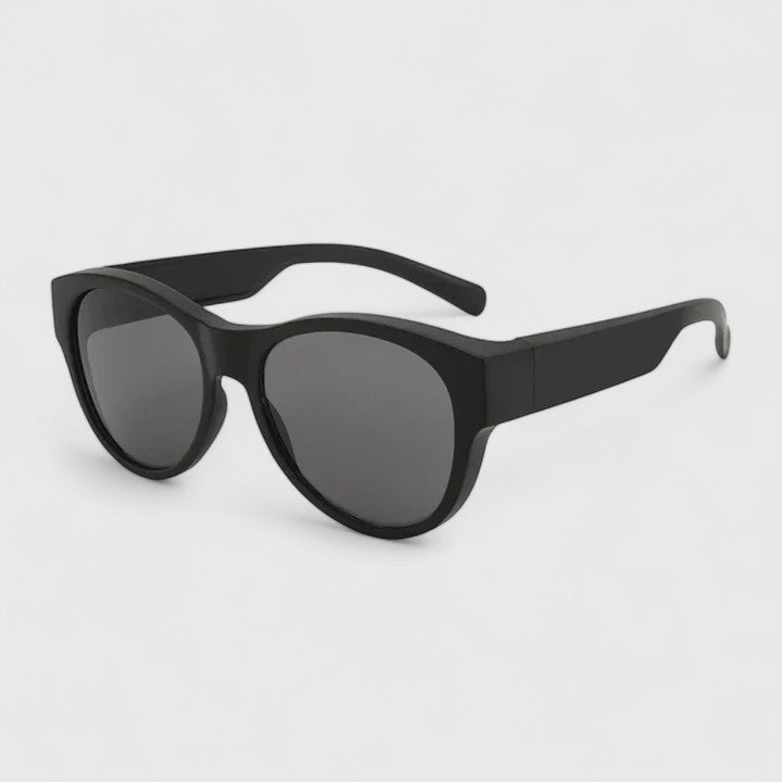 Sunglasses with black frame and dark gray lenses, front view