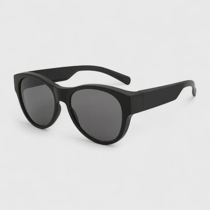 Sunglasses with black frame and dark gray lenses, front view