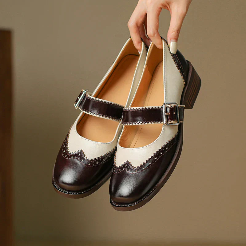 Miana leather Mary Janes, dark brown with cream panels, buckled strap and low heel
