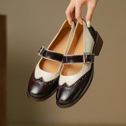 Miana leather Mary Janes, dark brown with cream panels, buckled strap and low heel