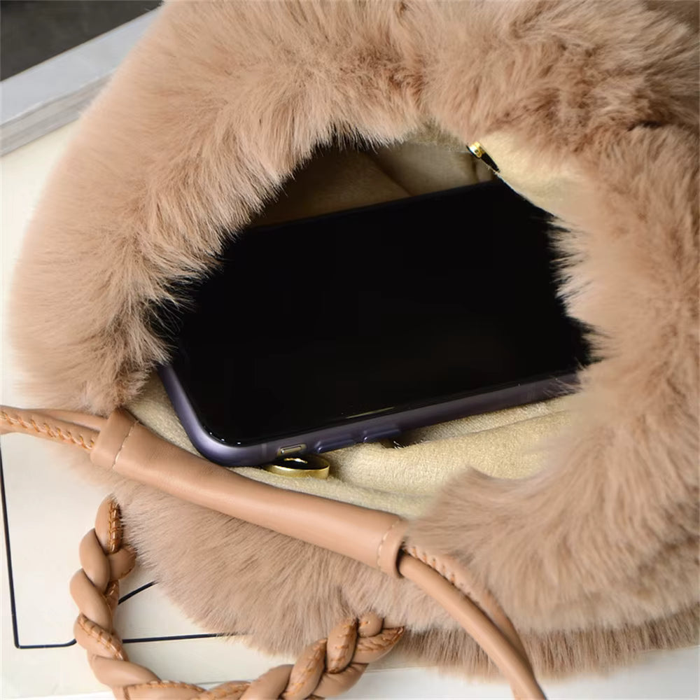 Light khaki plush tote interior with black smartphone in front pocket