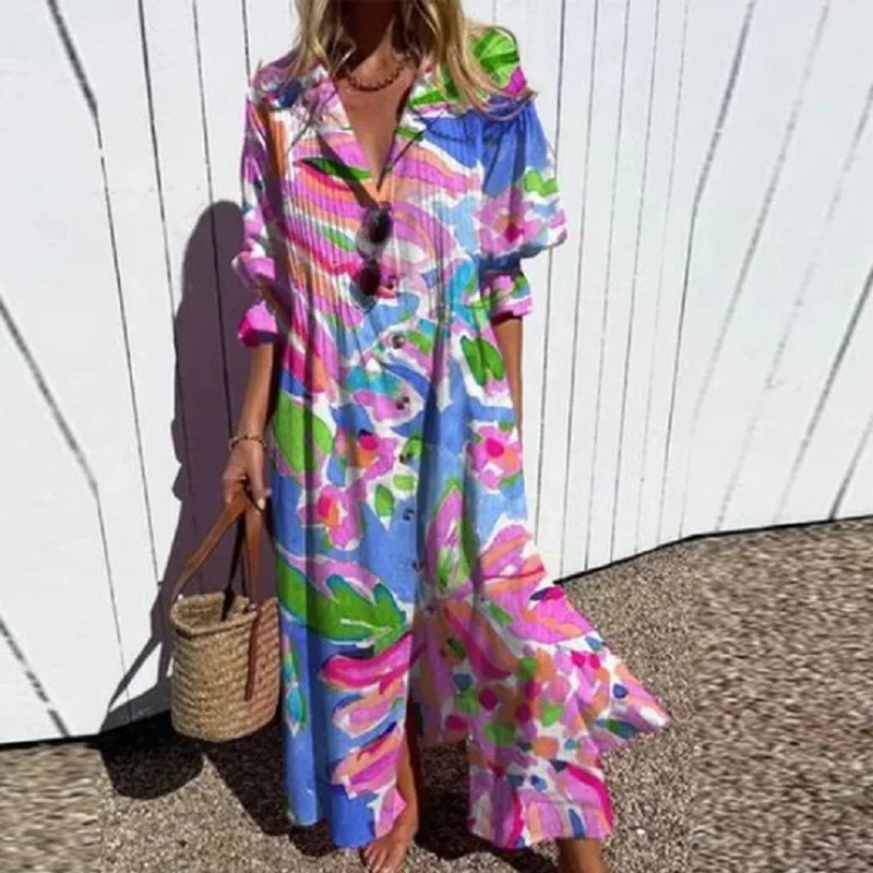 Boho puff-sleeve maxi dress with V-neck, bright rainbow floral stripes print