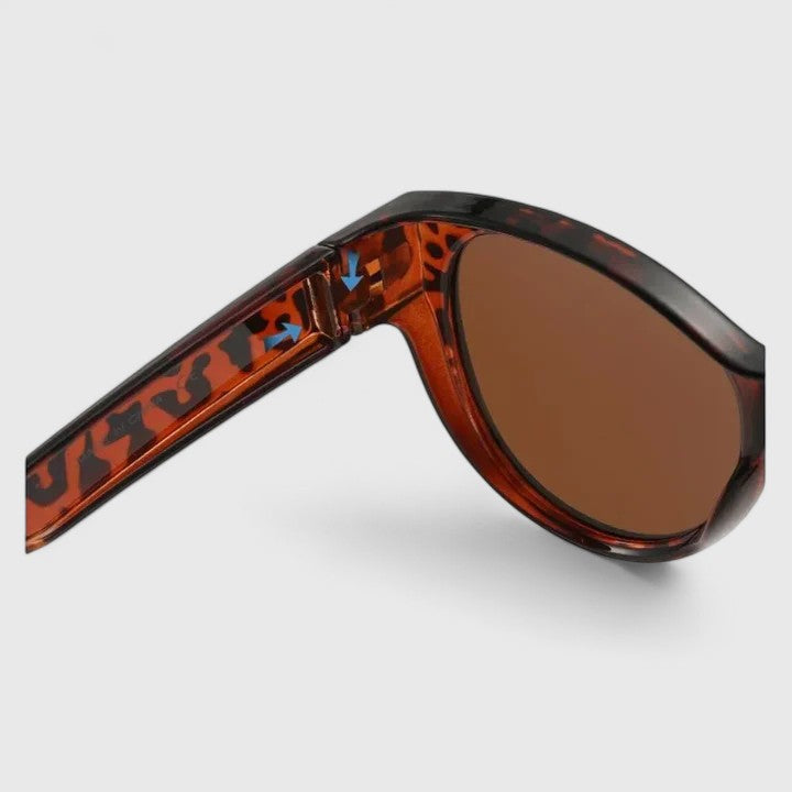 Sunglasses with tortoise-pattern frame and brown lenses, temple close-up