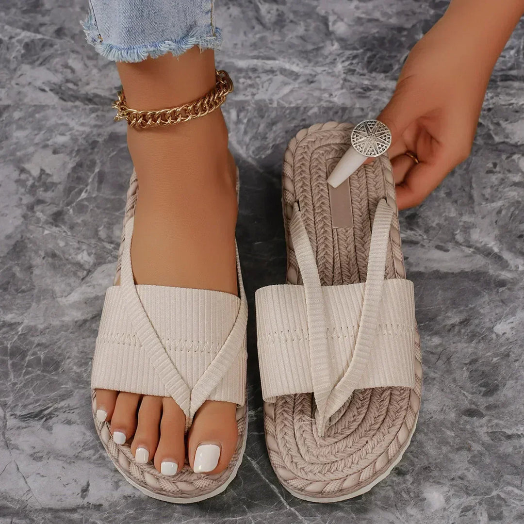 White knit toe-loop slide sandals with braided jute-look sole and cushioned footbed