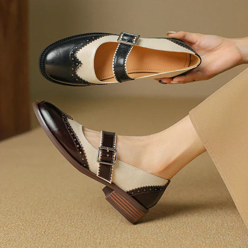Miana leather Mary Janes, dark brown with cream panels, buckled strap and block heel