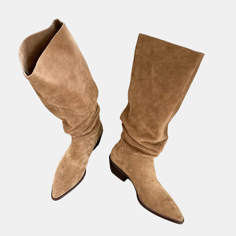 Thea suede retro autumn boots, khaki, knee-high boots with block heel