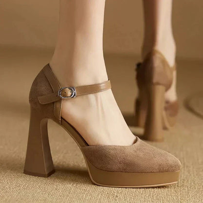 Brown suede pumps with ankle strap and silver buckle, chunky block heel