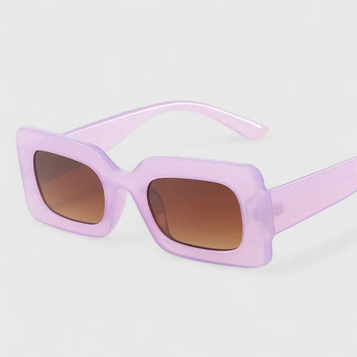 Lilac square sunglasses with brown-tinted lenses and thick frames