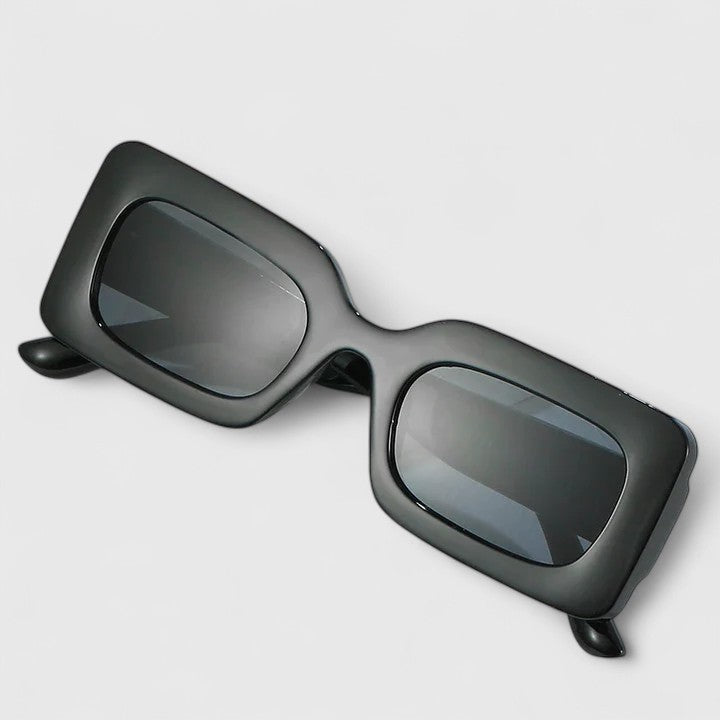 Matte black rectangular sunglasses with smoky dark lenses and thick frames