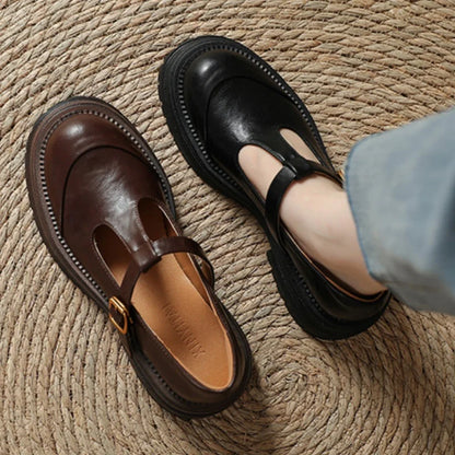 Brown and black T-bar shoes with gold buckles and chunky platform soles