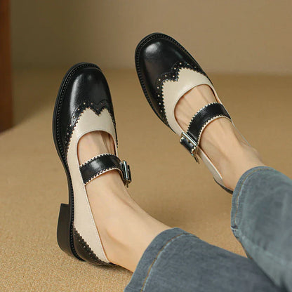 Miana leather Mary Janes, black with cream panels, buckled mary-jane strap
