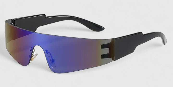 Oversized rectangular sunglasses with purple-blue mirrored lenses and black frame