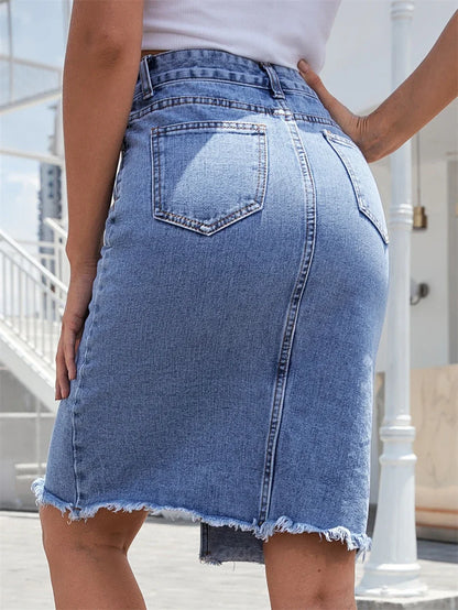 Denim midi skirt with front panel seams, patch pocket, and frayed hem, blue