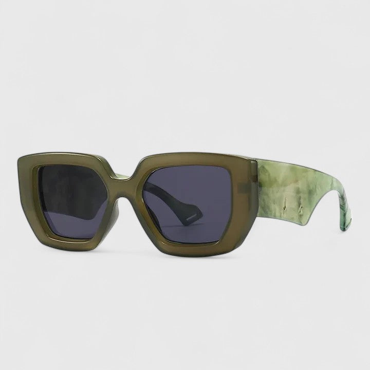 Olive oversized square sunglasses with dark blue tinted lenses and curved temples