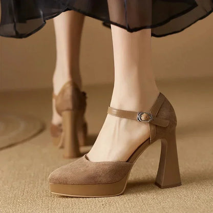 Brown suede pumps with ankle strap and silver buckle, sturdy block heel