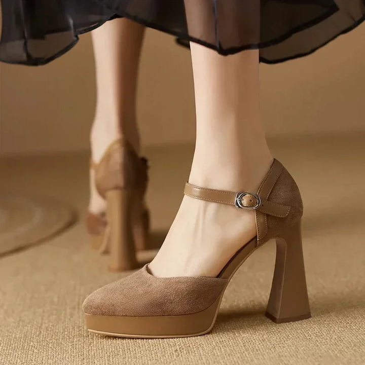 Brown suede pumps with ankle strap and silver buckle, sturdy block heel