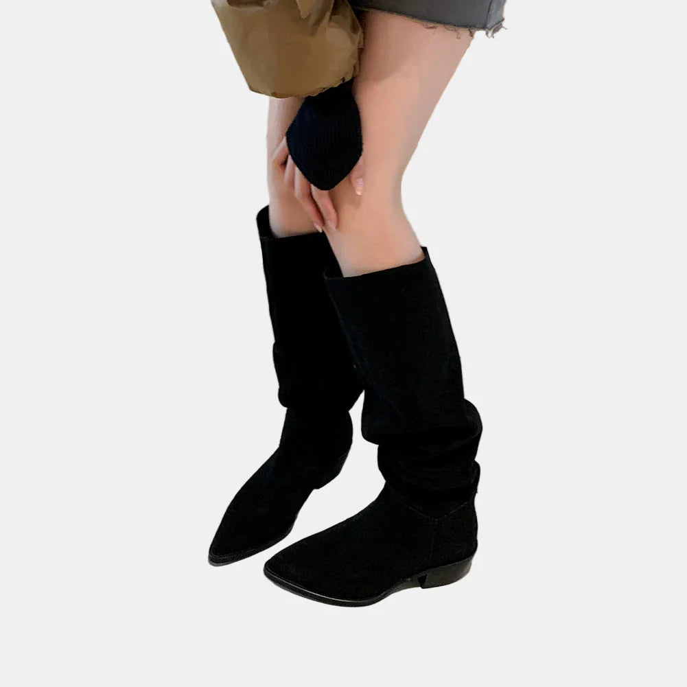 Thea suede retro autumn boots, black, slouch knee-high with pointed toe