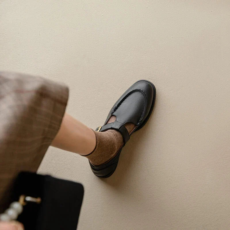 Brown retro mary jane shoe with black strap and buckle detail, low block heel