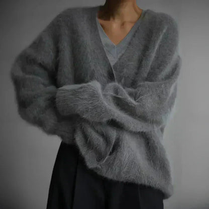 ADELE™ fuzzy mohair cardigan in dark gray, button-front V-neck, long sleeves