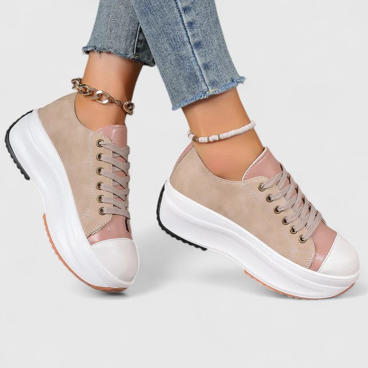 Khaki orthopedic sneakers with pink accents, lace-up design, gold chain ankle strap