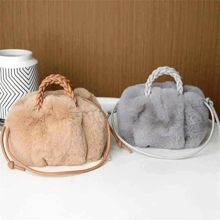 Light khaki and grey plush pumpkin shoulder totes with braided handles, side by side