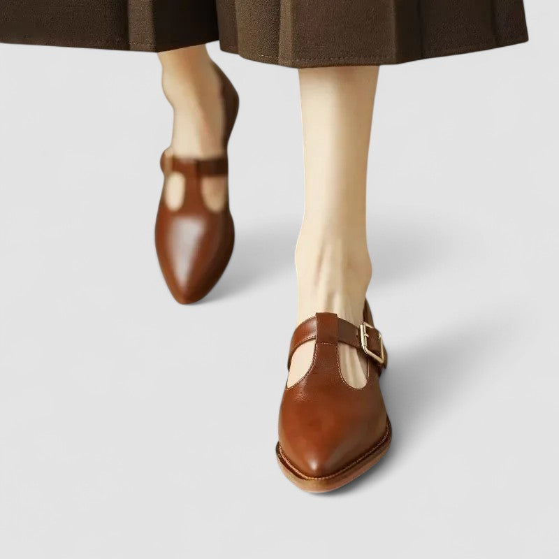 Brown orthopedic Mary Jane shoes with ankle strap and side buckle, low block heel